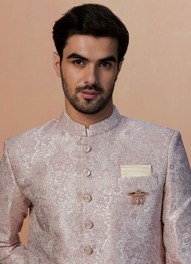 alt message - Manyavar Men Faded Pink Floral Indo Western image number 0